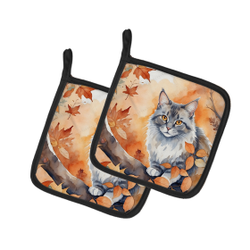 Cats in Fall Leaves Pair of Pot Holders (Dog Breed: Australian Mist Cat, size: 7.5HX7.5W)