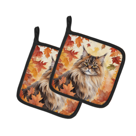 Cats in Fall Leaves Pair of Pot Holders (Dog Breed: British Longhair, size: 7.5HX7.5W)