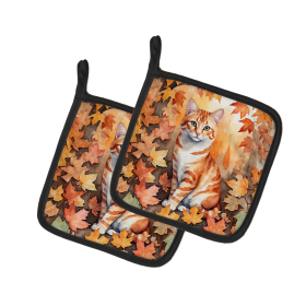 Cats in Fall Leaves Pair of Pot Holders (Dog Breed: Cheetoh Cat, size: 7.5HX7.5W)
