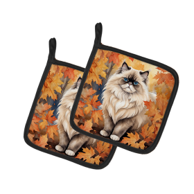 Cats in Fall Leaves Pair of Pot Holders (Dog Breed: Colorpoint Longhair Cat, size: 7.5HX7.5W)