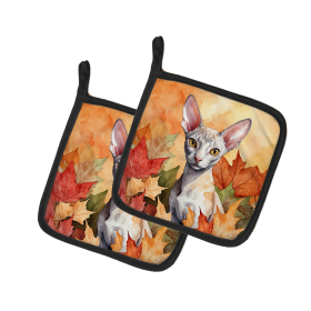Cats in Fall Leaves Pair of Pot Holders (Dog Breed: Cornish Rex Cat, size: 7.5HX7.5W)