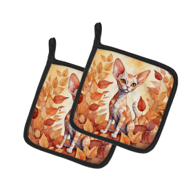 Cats in Fall Leaves Pair of Pot Holders (Dog Breed: Devon Rex Cat, size: 7.5HX7.5W)