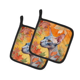 Cats in Fall Leaves Pair of Pot Holders (Dog Breed: Donskoy Don Sphynx Cat, size: 7.5HX7.5W)