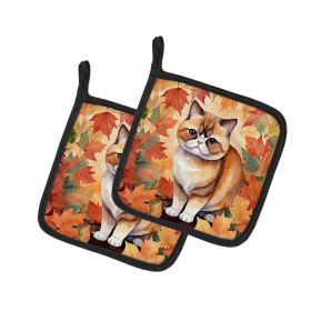 Cats in Fall Leaves Pair of Pot Holders (Dog Breed: Exotic Shorthair Cat, size: 7.5HX7.5W)