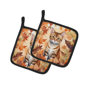 Cats in Fall Leaves Pair of Pot Holders (Dog Breed: German Rex Cat, size: 7.5HX7.5W)
