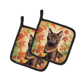 Cats in Fall Leaves Pair of Pot Holders (Dog Breed: Havana Brown Cat, size: 7.5HX7.5W)