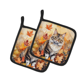 Cats in Fall Leaves Pair of Pot Holders (Dog Breed: Kurilian Bobtail Cat, size: 7.5HX7.5W)