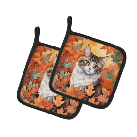 Cats in Fall Leaves Pair of Pot Holders (Dog Breed: La Perm Cat 7145, size: 7.5HX7.5W)