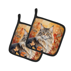 Cats in Fall Leaves Pair of Pot Holders (Dog Breed: MaineCoon Cat, size: 7.5HX7.5W)
