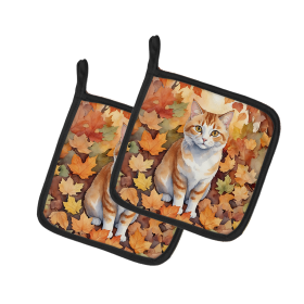 Cats in Fall Leaves Pair of Pot Holders (Dog Breed: Manx Cat, size: 7.5HX7.5W)