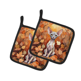 Cats in Fall Leaves Pair of Pot Holders (Dog Breed: Minskin Cat, size: 7.5HX7.5W)