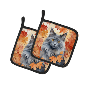 Cats in Fall Leaves Pair of Pot Holders (Dog Breed: Nebelung Cat, size: 7.5HX7.5W)