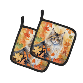 Cats in Fall Leaves Pair of Pot Holders (Dog Breed: Norwegian Forest Cat, size: 7.5HX7.5W)
