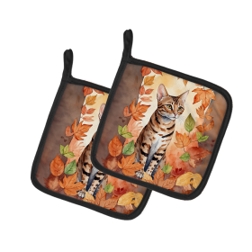 Cats in Fall Leaves Pair of Pot Holders (Dog Breed: Ocicat Cat, size: 7.5HX7.5W)