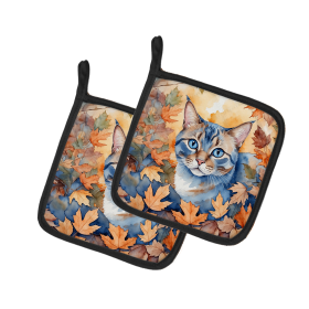 Cats in Fall Leaves Pair of Pot Holders (Dog Breed: Ojos Azules Cat, size: 7.5HX7.5W)