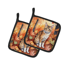 Cats in Fall Leaves Pair of Pot Holders (Dog Breed: Oregon Rex Cat, size: 7.5HX7.5W)