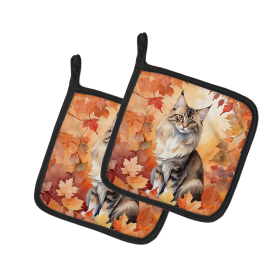 Cats in Fall Leaves Pair of Pot Holders (Dog Breed: Oriental Longhair Cat, size: 7.5HX7.5W)