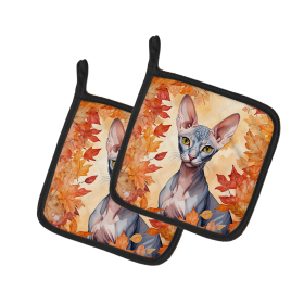 Cats in Fall Leaves Pair of Pot Holders (Dog Breed: Peterbald Cat, size: 7.5HX7.5W)