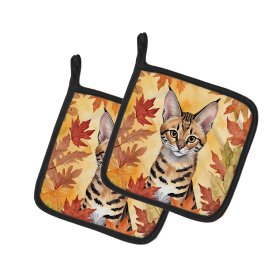 Cats in Fall Leaves Pair of Pot Holders (Dog Breed: Savannah Cat, size: 7.5HX7.5W)