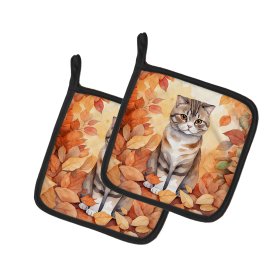 Cats in Fall Leaves Pair of Pot Holders (Dog Breed: Scottish Fold Cat, size: 7.5HX7.5W)