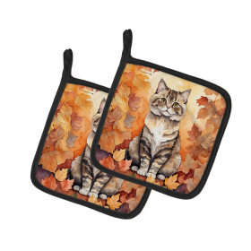 Cats in Fall Leaves Pair of Pot Holders (Dog Breed: Selkirk Rex Cat, size: 7.5HX7.5W)