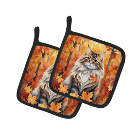 Cats in Fall Leaves Pair of Pot Holders (Dog Breed: Siberian Cat, size: 7.5HX7.5W)