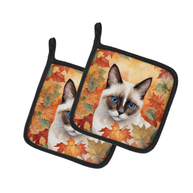 Cats in Fall Leaves Pair of Pot Holders (Dog Breed: Snowshoe Cat, size: 7.5HX7.5W)