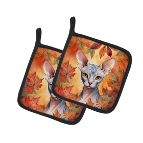 Cats in Fall Leaves Pair of Pot Holders (Dog Breed: Sphynx Cat, size: 7.5HX7.5W)