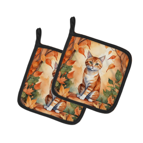 Cats in Fall Leaves Pair of Pot Holders (Dog Breed: Suphalak Cat, size: 7.5HX7.5W)
