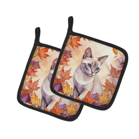 Cats in Fall Leaves Pair of Pot Holders (Dog Breed: Thai Lilac Cat, size: 7.5HX7.5W)
