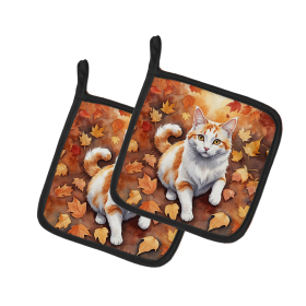 Cats in Fall Leaves Pair of Pot Holders (Dog Breed: Turkish Van Cat, size: 7.5HX7.5W)