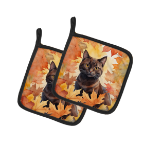 Cats in Fall Leaves Pair of Pot Holders (Dog Breed: York Chocolate Cat, size: 7.5HX7.5W)