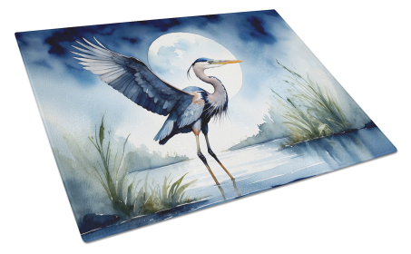 Birds, Birds, Birds Glass Cutting Board (Design: Blue Heron Moonlight 7496, size: large)
