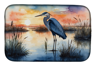 Birds, Birds, Birds Dish Drying Mat (Design: Blue Heron Setting Sun 7502, size: 14  x 21")