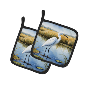Birds, Birds, Birds Pair of Pot Holders (Design: Snowy Egret 7533, size: 7.5HX7.5W)