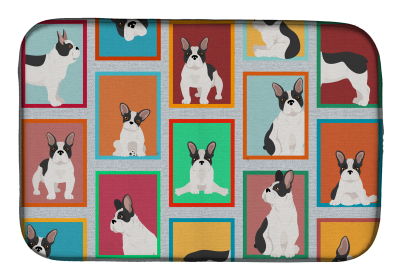 Lots of Dogs Dish Drying Mat (Dog Breed: French Bulldog - Black and White, size: 14  x 21")