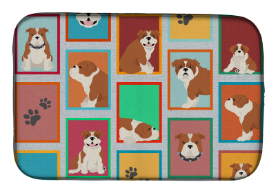 Lots of Dogs Dish Drying Mat (Dog Breed: English Bulldog - Red and White, size: 14  x 21")