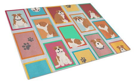 Lots of Dogs Glass Cutting Board (Dog Breed: English Bulldog - Red and White, size: large)