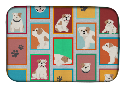 Lots of Dogs Dish Drying Mat (Dog Breed: English Bulldog - Piebald, size: 14  x 21")