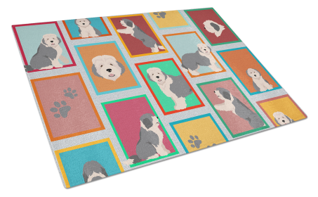 Lots of Dogs Glass Cutting Board (Dog Breed: Old English Sheepdog, size: large)