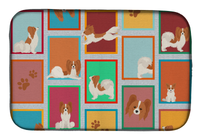 Lots of Dogs Dish Drying Mat (Dog Breed: Papillon - Red and White, size: 14  x 21")