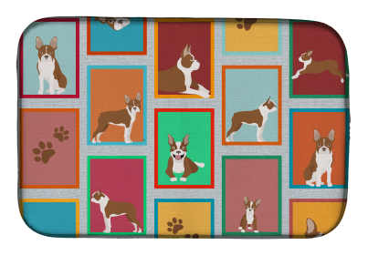 Lots of Dogs Dish Drying Mat (Dog Breed: Boston Terrier - Red, size: 14  x 21")
