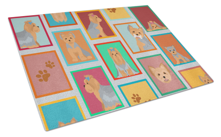 Lots of Dogs Glass Cutting Board (Dog Breed: Yorkshire Terrier - Blue and Tan, size: large)