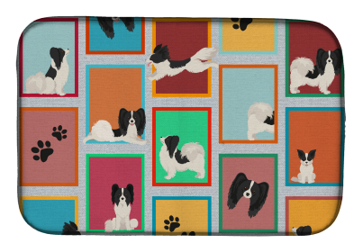 Lots of Dogs Dish Drying Mat (Dog Breed: Papillon - Black and Whtie, size: 14  x 21")