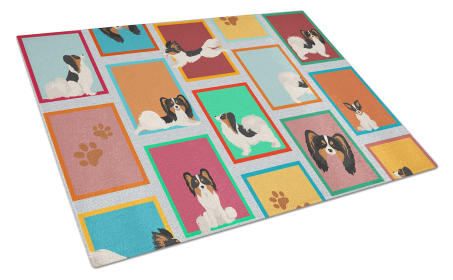 Lots of Dogs Glass Cutting Board (Dog Breed: Papillon - Tricolor, size: large)