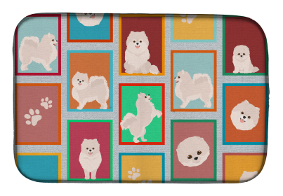 Lots of Dogs Dish Drying Mat (Dog Breed: Pomeranian - White, size: 14  x 21")