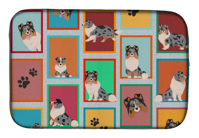 Lots of Dogs Dish Drying Mat (Dog Breed: Sheltie - Blue Merle, size: 14  x 21")