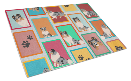 Lots of Dogs Glass Cutting Board (Dog Breed: Sheltie - Blue Merle, size: large)