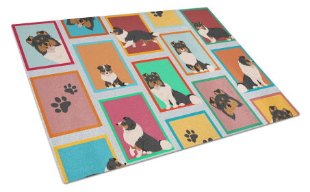 Lots of Dogs Glass Cutting Board (Dog Breed: Sheltie - Tricolor, size: large)