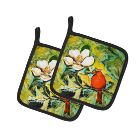Martin Welch New Artwork Pair of Pot Holders (Design: Cardinal with Magnolia, size: 7.5HX7.5W)